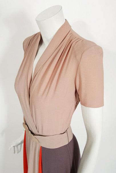 1940&#39;s New York Creation Taupe Block-Color Crepe Belted Maxi Dress Gown