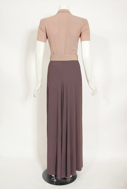 1940&#39;s New York Creation Taupe Block-Color Crepe Belted Maxi Dress Gown
