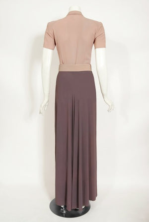 1940's New York Creation Taupe Block-Color Crepe Belted Maxi Dress Gown
