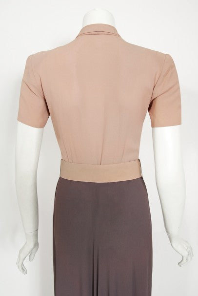 1940&#39;s New York Creation Taupe Block-Color Crepe Belted Maxi Dress Gown