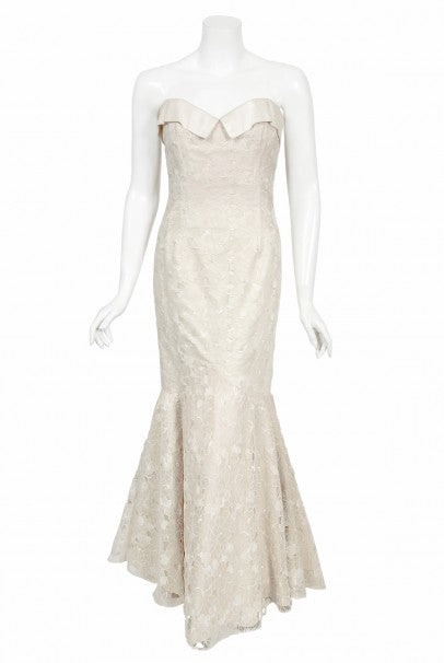 1990's Nolan Miller Couture Ivory Embroidered Silk Mermaid Gown