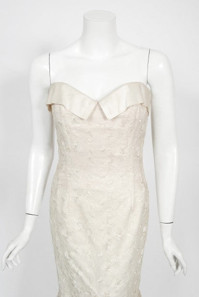 1990's Nolan Miller Couture Ivory Embroidered Silk Mermaid Gown