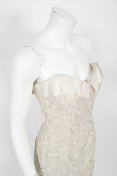 1990's Nolan Miller Couture Ivory Embroidered Silk Mermaid Gown