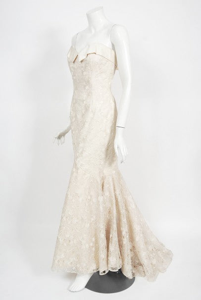 1990's Nolan Miller Couture Ivory Embroidered Silk Mermaid Gown