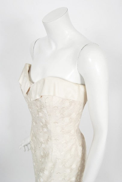 1990's Nolan Miller Couture Ivory Embroidered Silk Mermaid Gown