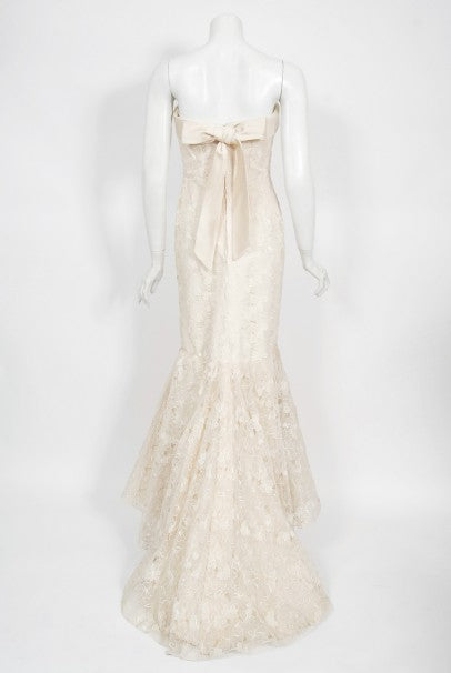1990's Nolan Miller Couture Ivory Embroidered Silk Mermaid Gown