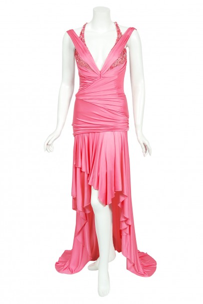 green emerald velvet dress 2005 Versace Couture Runway Pink Beaded Stretch Silk High-Low Gown