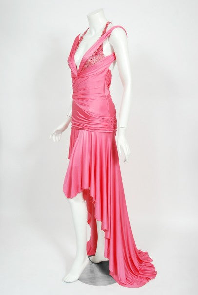 2005 Versace Couture Runway Pink Beaded Stretch Silk High-Low Gown