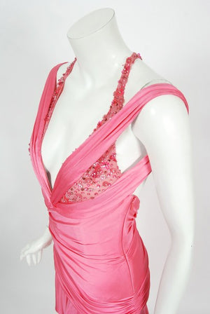 2005 Versace Couture Runway Pink Beaded Stretch Silk High-Low Gown