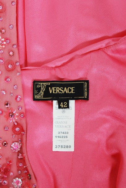 2005 Versace Couture Runway Pink Beaded Stretch Silk High-Low Gown