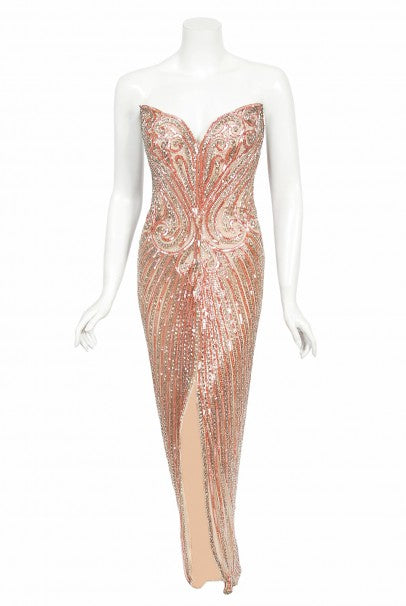 1970&#39;s Bob Mackie Couture Beaded Strapless Hourglass High-Slit Gown