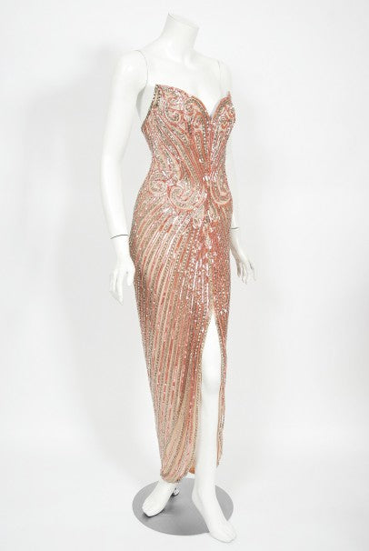 1970&#39;s Bob Mackie Couture Beaded Strapless Hourglass High-Slit Gown