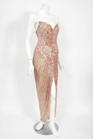 1970's Bob Mackie Couture Beaded Strapless Hourglass High-Slit Gown