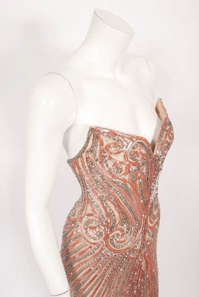 1970&#39;s Bob Mackie Couture Beaded Strapless Hourglass High-Slit Gown