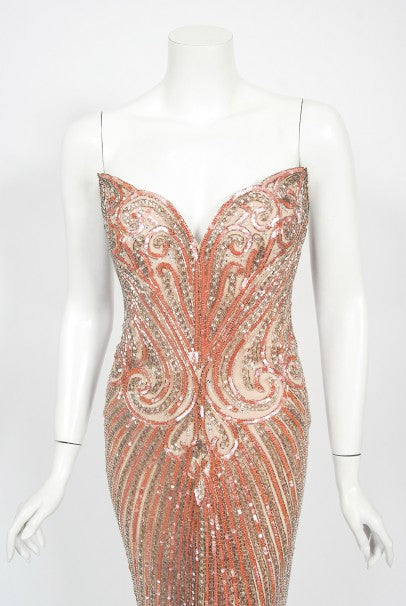 1970&#39;s Bob Mackie Couture Beaded Strapless Hourglass High-Slit Gown
