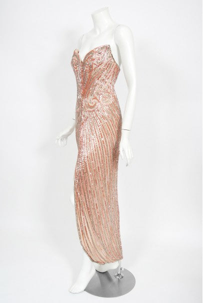 1970&#39;s Bob Mackie Couture Beaded Strapless Hourglass High-Slit Gown