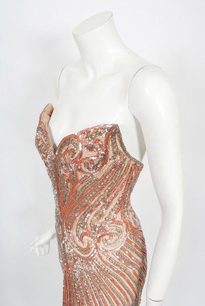 1970&#39;s Bob Mackie Couture Beaded Strapless Hourglass High-Slit Gown