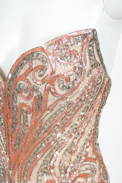 1970&#39;s Bob Mackie Couture Beaded Strapless Hourglass High-Slit Gown
