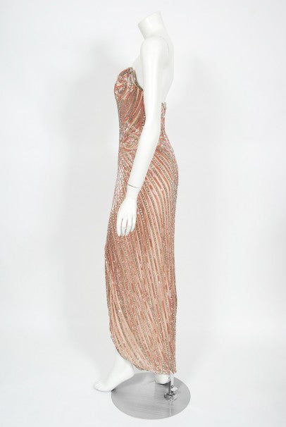 1970&#39;s Bob Mackie Couture Beaded Strapless Hourglass High-Slit Gown