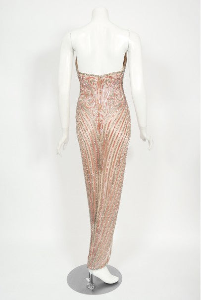 1970&#39;s Bob Mackie Couture Beaded Strapless Hourglass High-Slit Gown