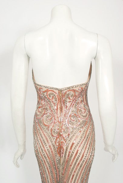 1970&#39;s Bob Mackie Couture Beaded Strapless Hourglass High-Slit Gown