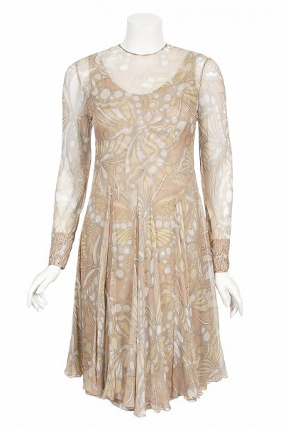 1969 Galanos Couture Nude Butterfly Print Sheer Silk Pleated Shift Dress