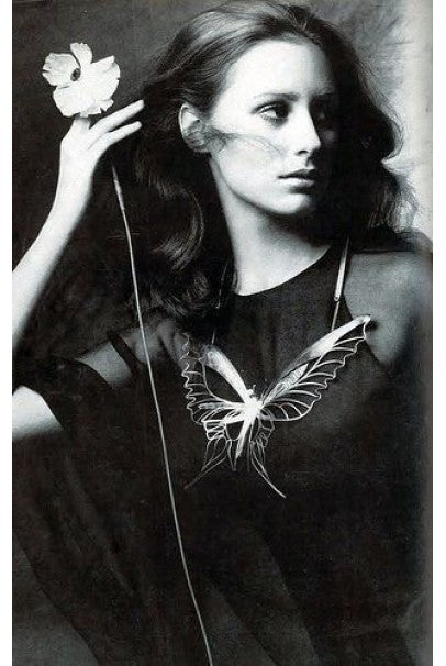 1969 Galanos Couture Nude Butterfly Print Sheer Silk Pleated Shift Dress