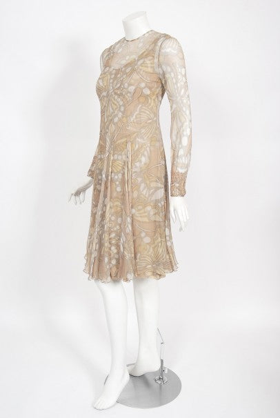 1969 Galanos Couture Nude Butterfly Print Sheer Silk Pleated Shift Dress
