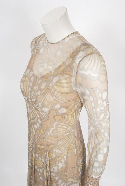 1969 Galanos Couture Nude Butterfly Print Sheer Silk Pleated Shift Dress