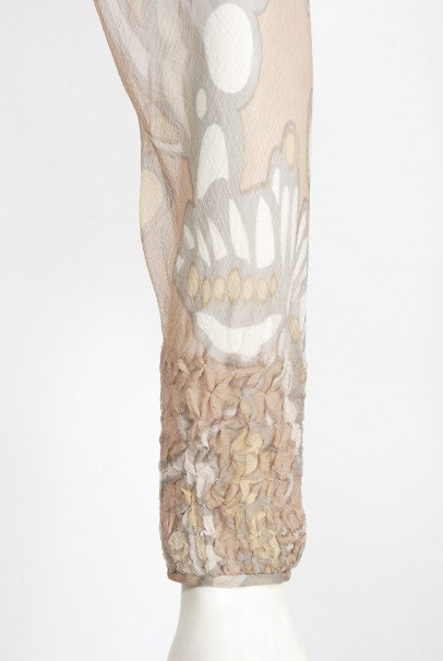 1969 Galanos Couture Nude Butterfly Print Sheer Silk Pleated Shift Dress