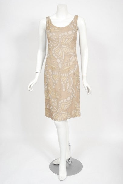 1969 Galanos Couture Nude Butterfly Print Sheer Silk Pleated Shift Dress