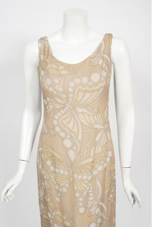1969 Galanos Couture Nude Butterfly Print Sheer Silk Pleated Shift Dress