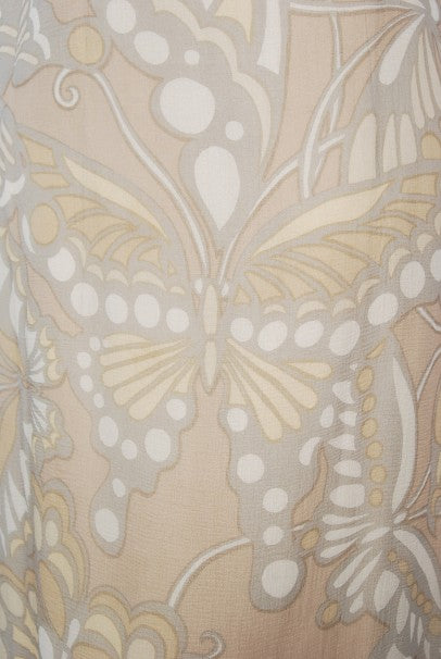 1969 Galanos Couture Nude Butterfly Print Sheer Silk Pleated Shift Dress