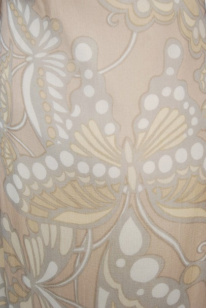 1969 Galanos Couture Nude Butterfly Print Sheer Silk Pleated Shift Dress