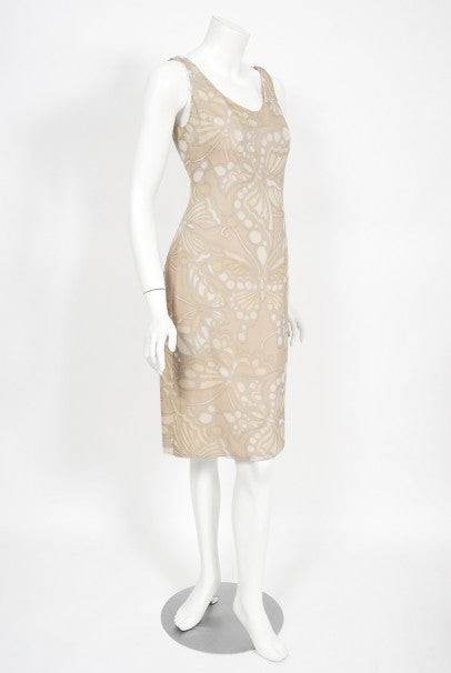 1969 Galanos Couture Nude Butterfly Print Sheer Silk Pleated Shift Dress