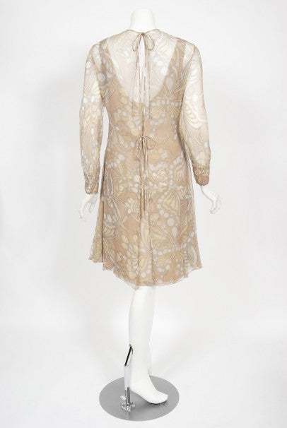 1969 Galanos Couture Nude Butterfly Print Sheer Silk Pleated Shift Dress