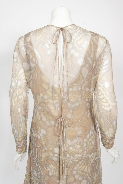 1969 Galanos Couture Nude Butterfly Print Sheer Silk Pleated Shift Dress
