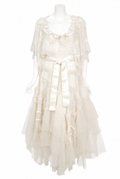 1973 Zandra Rhodes Couture Hand Painted Ivory Sheer Chiffon &amp; Tulle Gown