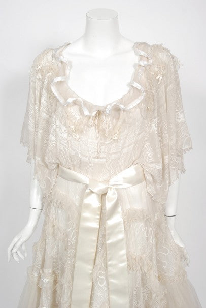 1973 Zandra Rhodes Couture Hand Painted Ivory Sheer Chiffon & Tulle Gown