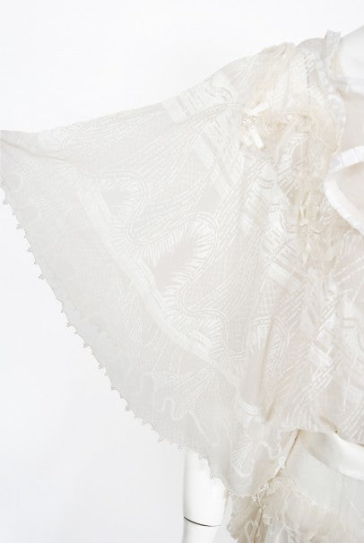 1973 Zandra Rhodes Couture Hand Painted Ivory Sheer Chiffon &amp; Tulle Gown