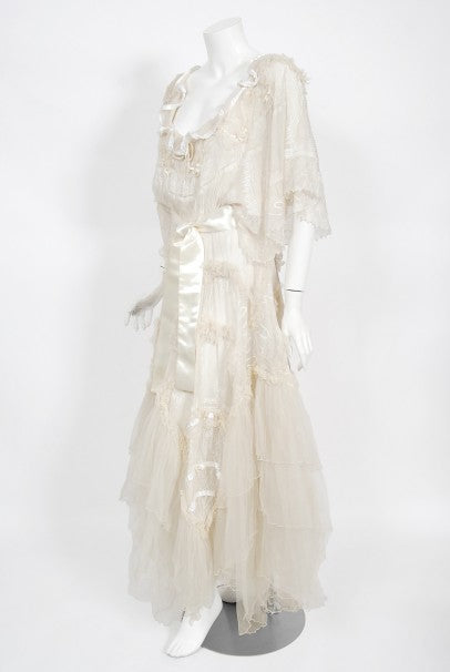 1973 Zandra Rhodes Couture Hand Painted Ivory Sheer Chiffon &amp; Tulle Gown