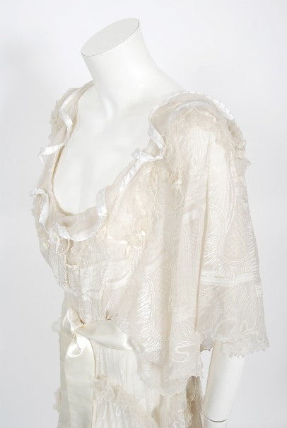 1973 Zandra Rhodes Couture Hand Painted Ivory Sheer Chiffon &amp; Tulle Gown