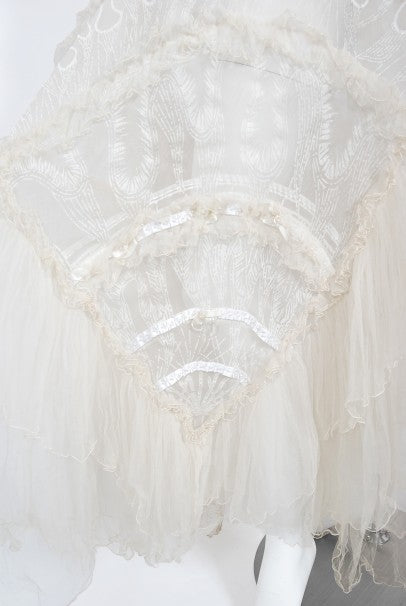 1973 Zandra Rhodes Couture Hand Painted Ivory Sheer Chiffon &amp; Tulle Gown