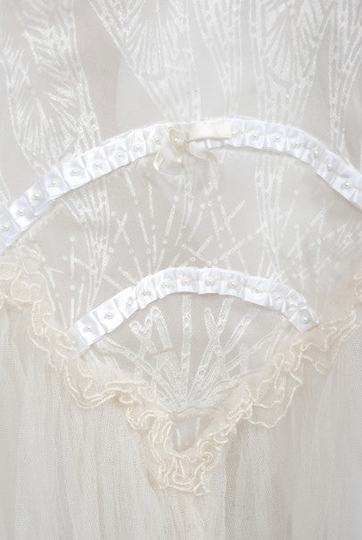 1973 Zandra Rhodes Couture Hand Painted Ivory Sheer Chiffon &amp; Tulle Gown