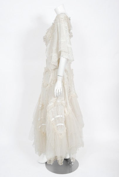 1973 Zandra Rhodes Couture Hand Painted Ivory Sheer Chiffon &amp; Tulle Gown