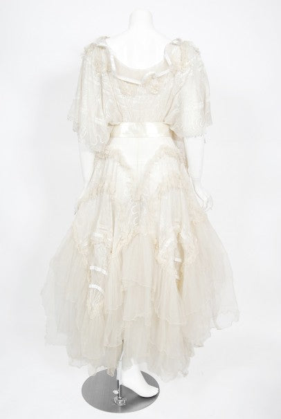 1973 Zandra Rhodes Couture Hand Painted Ivory Sheer Chiffon &amp; Tulle Gown