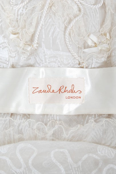 1973 Zandra Rhodes Couture Hand Painted Ivory Sheer Chiffon &amp; Tulle Gown