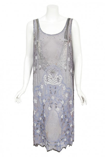 1920&#39;s Periwinkle Beaded Rhinestone Silk Chiffon Cut-Out Flapper Dress