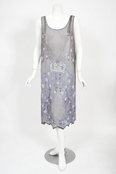 1920's Periwinkle Beaded Rhinestone Silk Chiffon Cut-Out Flapper Dress -  Timeless Vixen