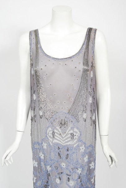 1920&#39;s Periwinkle Beaded Rhinestone Silk Chiffon Cut-Out Flapper Dress